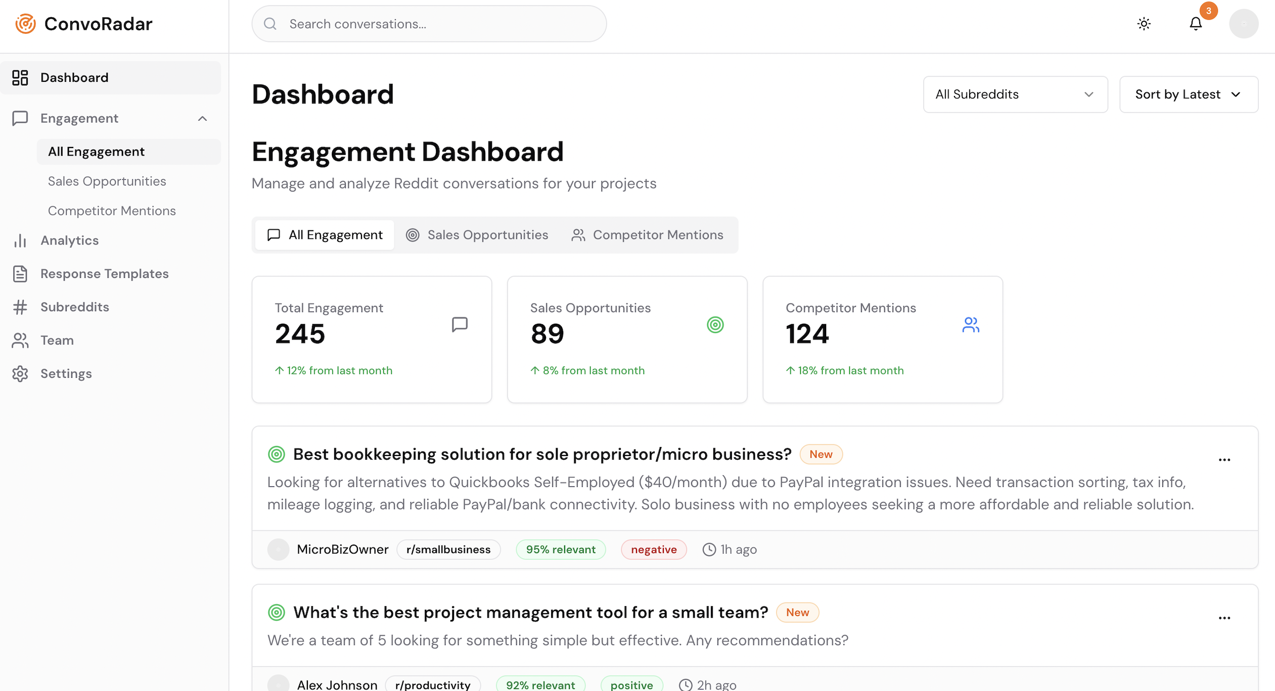 ConvoRadar Dashboard showing engagement opportunities with AI-powered relevance scoring