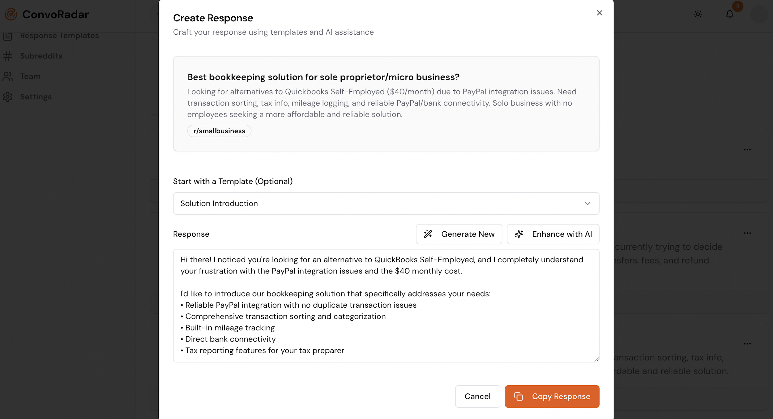 ConvoRadar Response Creation interface with smart templates and AI assistance